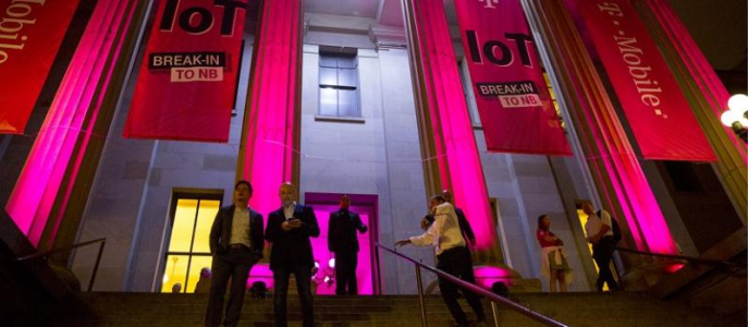 The San Francisco Mint entrance with magenta T-Mobile event branded banners